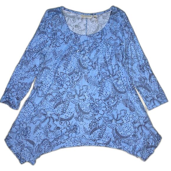 Dana Buchman Blouse Size S Asymmetrical Light Blue Graphic Print 90s Y2K - Picture 1 of 8